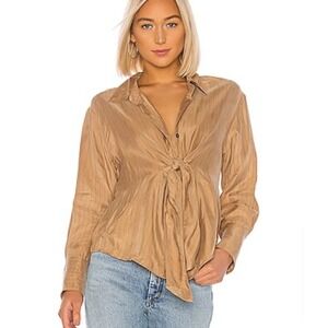 L'Academie Women Sm Honey Tan Pinstripe Black Tie Front Blouse Button Down Shirt